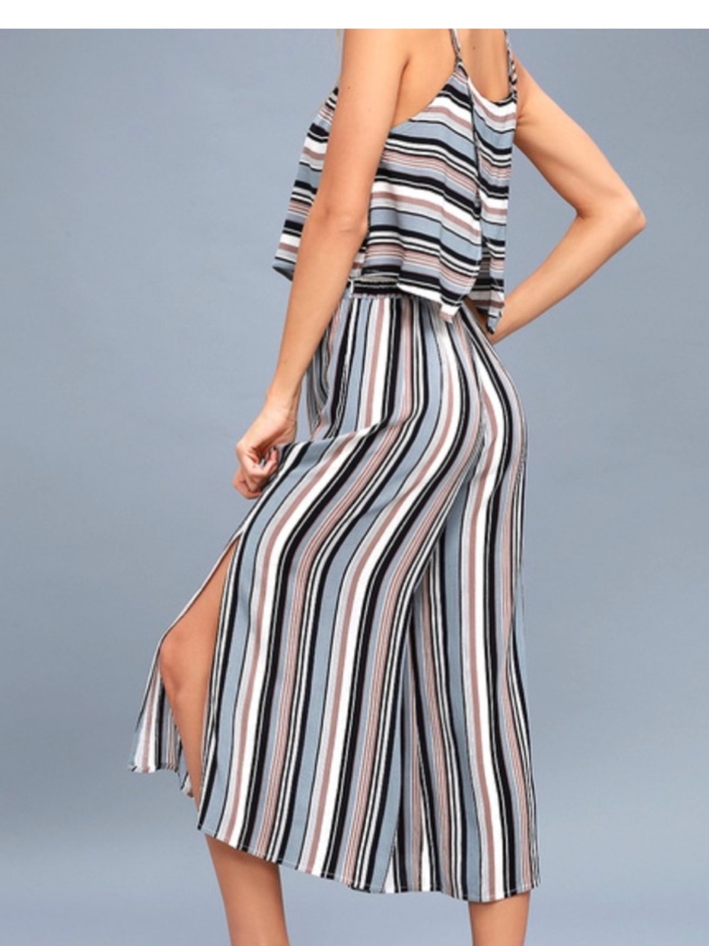 Lulu's Multi-Stripe Cropped Wide-Leg Jumpsuit - Blue, White, Pink, Black